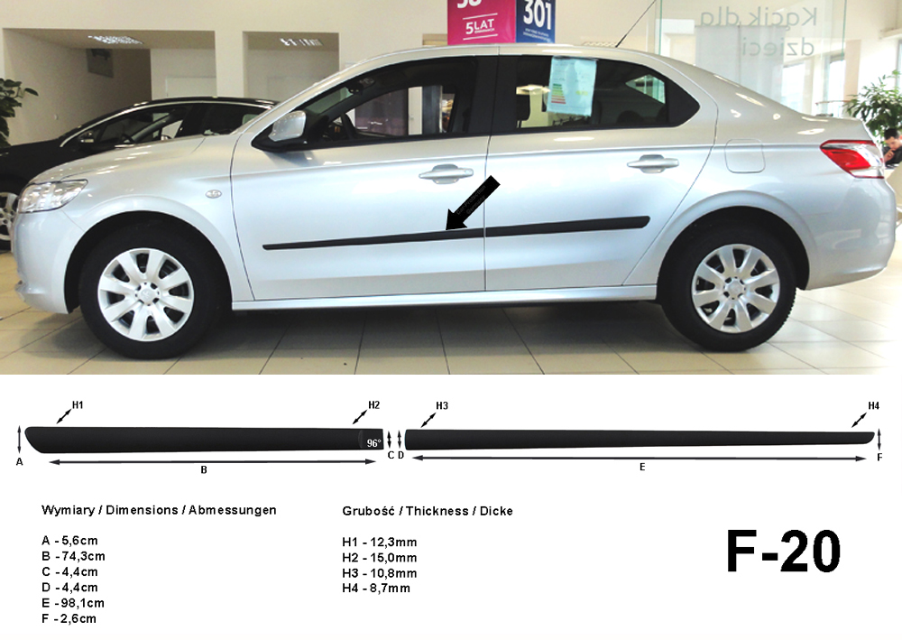 Seitenschutzleisten schwarz für Peugeot 301 Limousine ab Baujahr 11.2012- F20